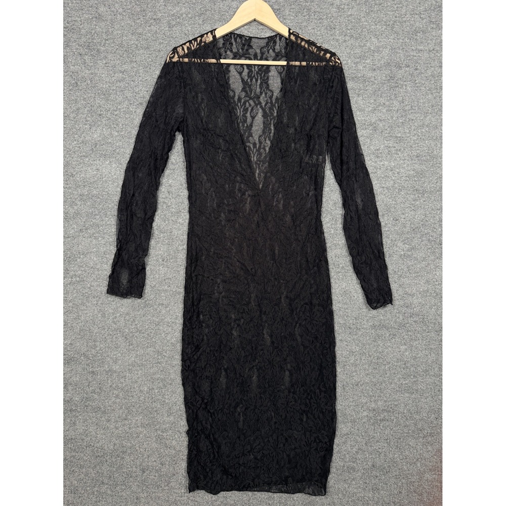 Large Midi Dress Lace Sheer Overlay Whimsigoth Dark Fairy Black V Neck Layering